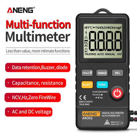 ANENG AN302 multímetro digital de verdadero valor eficaz (rms) de 8000 cuenta multimetro transistor probadores banana aligator peak cable meter ► Foto 1/6