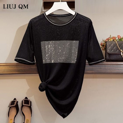 Tops brillantes mujer Camisetas de verano de seda de hielo de talla grande mujer camiseta de moda Harajuku taladro caliente camisa Casual camiseta de las mujeres ► Foto 1/6