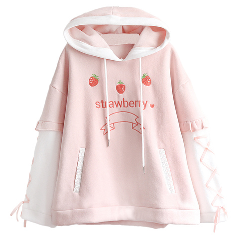 Harajuku japonés Kawaii para mujer, Sudadera con capucha gruesa de fresa dulce de invierno, Sudadera con capucha Lolita de lana cálida con cordones, Jersey rosa ► Foto 1/6