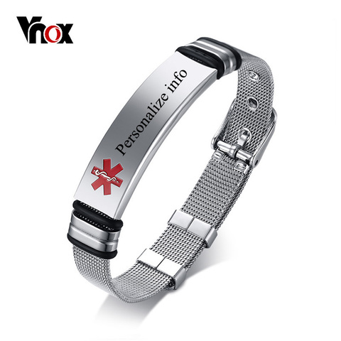 Vnox-pulsera de acero inoxidable ajustable para hombre y mujer, brazalete con grabado, ID de alerta médica, personalización gratis, joyería de emergencia ► Foto 1/6