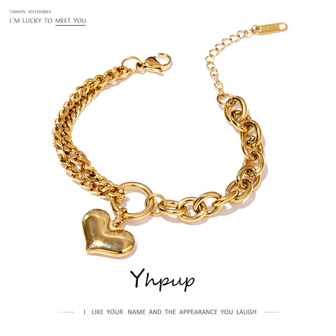 Yhpup-pulsera con colgante de corazón de acero inoxidable, joyería chapada en oro de 18 K, pulsera con textura de Metal, accesorios 2022 ► Foto 1/6