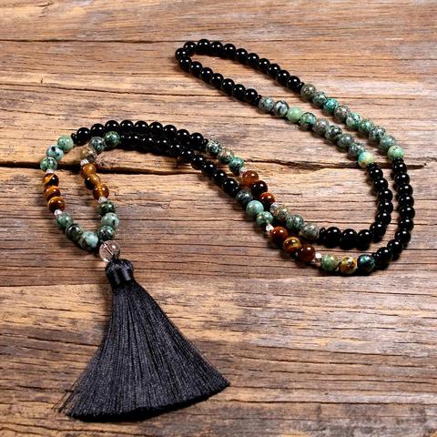 Natural Ojo de Tigre piedra 108 Japa Mala collares de perlas para mujeres niñas Yoga Japamala collar con borlas largo de la joyería de los hombres, 8MM ► Foto 1/6