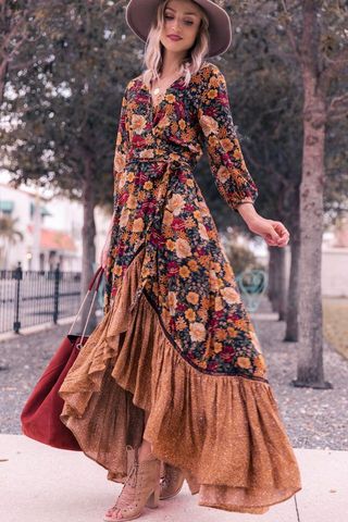 2022 otoño nuevo Vestido largo de manga larga de las mujeres de impresión vestido Vintage Floral Irregular Maxi Vestido Mujer elegante vestido ► Foto 1/6