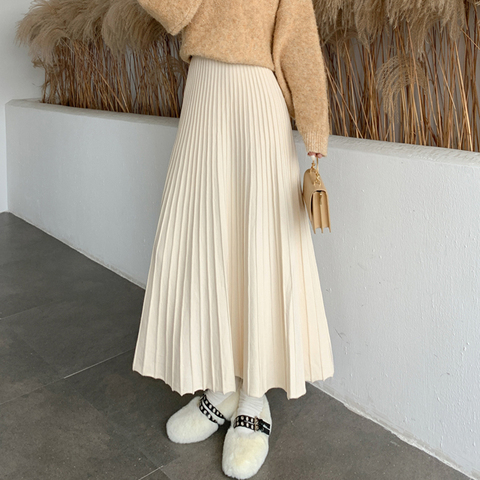 Faldas anchas de punto grueso para invierno, faldas extra largas, plisadas, hasta el tobillo, color Beige ► Foto 1/6