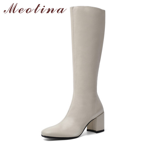 Meotina-Botas de invierno hasta la rodilla para mujer, zapatos de piel auténtica Natural, tacón alto grueso, Botas Largas con cremallera, zapatos de punta redonda, talla 39 ► Foto 1/6