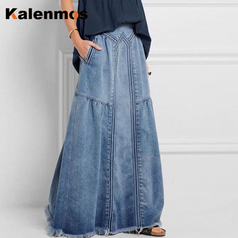 KALENMOS-Vaqueros largos para mujer, falda elástica Vintage, holgada, ajustada, azul, ropa de calle de algodón, Sexy, Harajuku, faldas de talla grande ► Foto 1/6