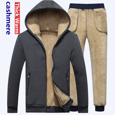 Con regalo gratis conjunto de invierno para hombre cálido grueso con capucha chaqueta + Pantalones 2 piezas conjuntos para hombres sudaderas con capucha de Cachemira con cremallera chándal hombre traje deportivo ► Foto 1/6