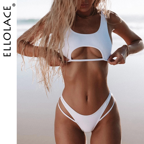 Ellolace-Bikini ahuecado de corte alto para mujer, bañador Sexy, traje de baño unicolor, ropa de playa, Monokini 2022 ► Foto 1/6