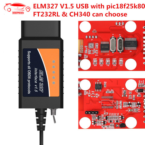 ELM327-escáner de diagnóstico para automóvil, lector de códigos para automóvil, V1.5, USB, chip PIC18F25K80, PL2303, IC, OBDII, FT232RL/CH340, OBD2 ► Foto 1/6