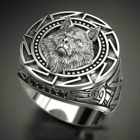 Anillo de plata estilo retro 925 con diseño de Lobo, tótem, tailandés, Mitología nórdica guerrero vikingo, cabeza de Lobo, anillo para hombre ► Foto 1/3