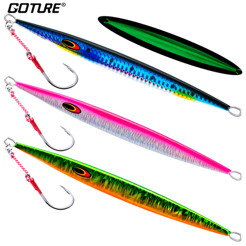 Goture señuelo para pesca vertical 80g 100g 150g cuchara de Metal Cable de Jigging pescado luminosa señuelos de mar de agua salada cebo de pesca para Bass de la trucha ► Foto 1/6