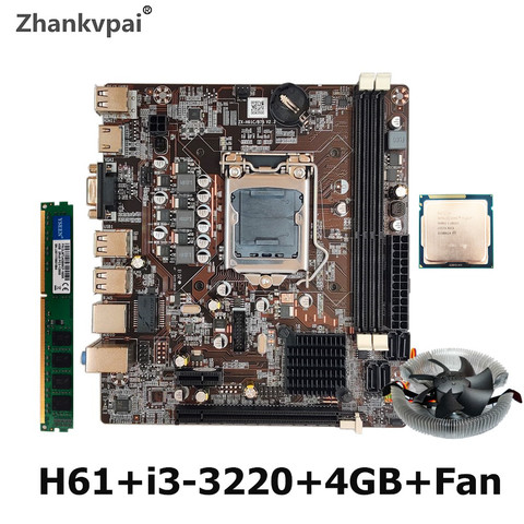 Placa base de escritorio H61 para Intel Cpu, conjunto con Cpu Core Duo 3,3G, i3-3220 + memoria 4G 1600 + ventilador, conjunto para ensamblar ► Foto 1/6