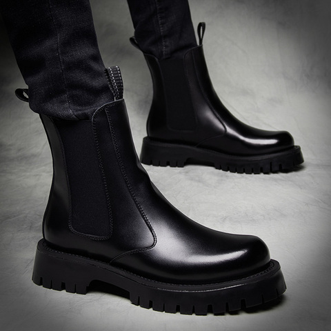 Botas de estilo chelsea para hombre, zapatos de invierno de piel auténtica cálidos, bota de plataforma, botines de moto ► Foto 1/5