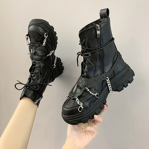 Botas de plataforma punk gótico para mujer, botas de combate negras con botones de metal, botas de moto para mujer ► Foto 1/6