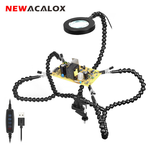 Clip de escritorio NEWACALOX, soporte para soldadura PCB, lupa 3X con luz LED, ayuda a soldar mano, brazo Flexible, herramienta de soldadura de tercera mano ► Foto 1/6