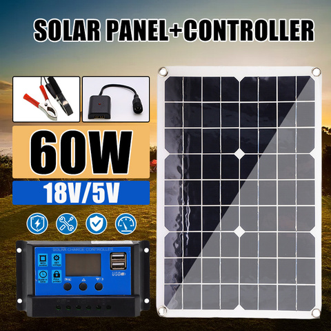 Panel Solar de 60 W, 18 V, doble USB, celdas de Panel Solar con regulador 10/20/30/40/50A, Ect para cargador de luces RV de yate de coche ► Foto 1/6