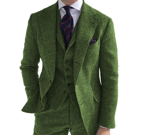 Trajes de negocios para hombre, trajes de 3 piezas de lana verde, Retro, diseño de espiga, esmoquin de Tweed para novio para boda (chaqueta + Pantalones + chaleco) ► Foto 1/6