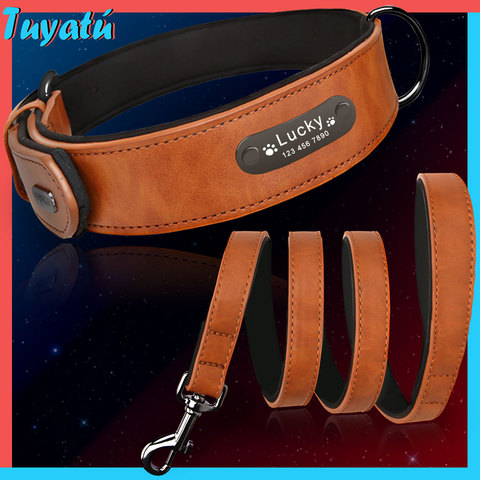 Grande pequeño personalizados collares de perro de cuero de Collar para perro grande para perros personalizado Collar grabado nombre Collar para perro mascota Correa Set ► Foto 1/6