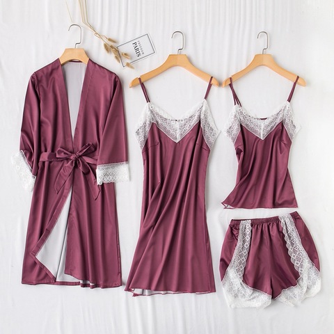 Conjunto de camisón de encaje para mujer, 4 Uds., traje de primavera, Sexy, con tirantes, Kimono para dormir ► Foto 1/6