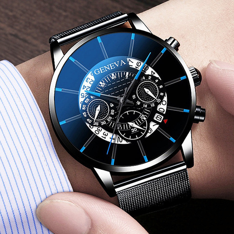 Reloj analógico de cuarzo con correa de malla de acero inoxidable para hombre, cronógrafo masculino de negocios a la moda, color azul, con agujeros ► Foto 1/6