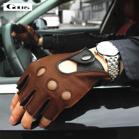 Gours Spring guantes de cuero genuino para hombres conducción sin forro 100% Deerskin GUANTES DE mitad sin dedos, guantes para ejercicios GSM046L ► Foto 1/6