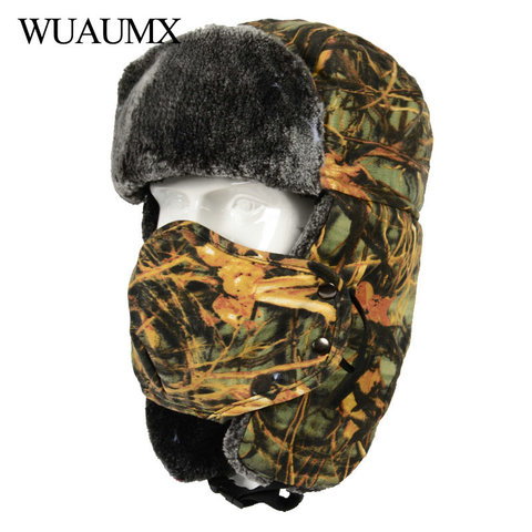 Wuaumx-sombreros de bombardero de invierno para hombre, gorro ruso de camuflaje grueso, gorra con orejeras máscara cortaviento, sombrero de bombardero para mujer ► Foto 1/6