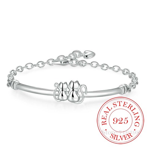 100% Plata De Ley 925 De regalo De joyería fina para hombre y mujer, brazalete De cadenas De gato para parejas, gran oferta ► Foto 1/6