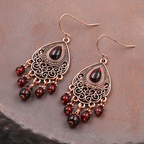 Pendientes bohemios de cuentas de piedra roja para mujer, joyería para mujer, joyas de etnia gitana, aretes colgantes de borla ► Foto 1/6