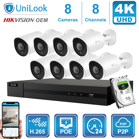 UniLook-cámara IP tipo bala NVR de 8 canales, Kit de sistemas de seguridad para exteriores, visión nocturna, Onvif, H.265, P2P, Kits NVR, 4/6/8 Uds. ► Foto 1/4