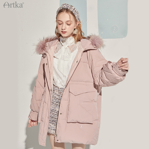 ARTKA-Chaqueta de plumón para mujer, plumón de pato con capucha, cuello de piel de mapache, Parka cálida, color rosa, blanco, 2022, dk206d, Invierno 90% ► Foto 1/6