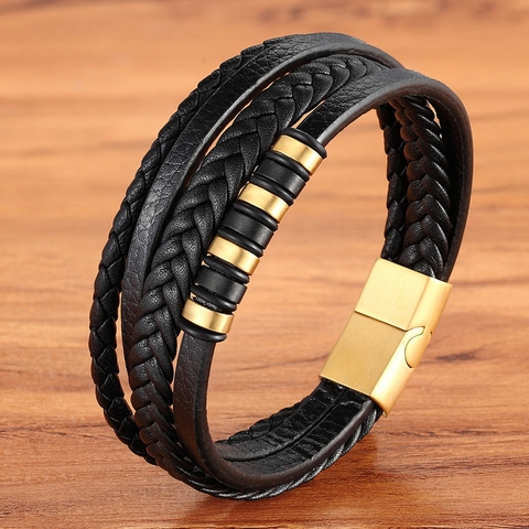 Moda Unisex Multi-capa de cuero tejido y acero inoxidable combinación hombres pulsera de cuero negro marrón hombre joyería regalo ► Foto 1/6