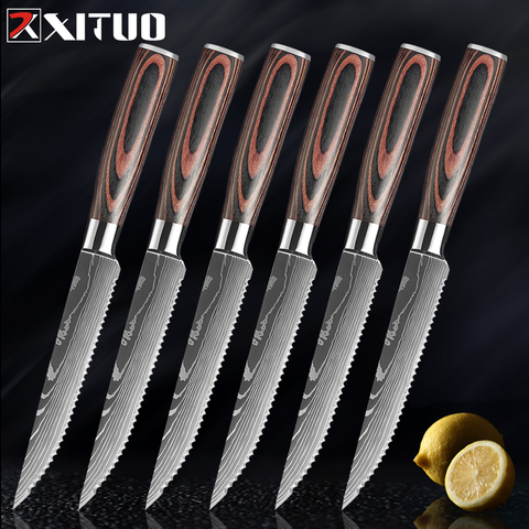XITUO-Juego de cuchillos dentados de acero inoxidable con diseño de Damasco, multiusos, para restaurante ► Foto 1/6