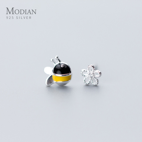 Modian-Pendientes pequeños de Plata de Ley 925 con forma de abeja, joyería con diseño de insectos y flores esmaltadas, para mujeres ► Foto 1/4