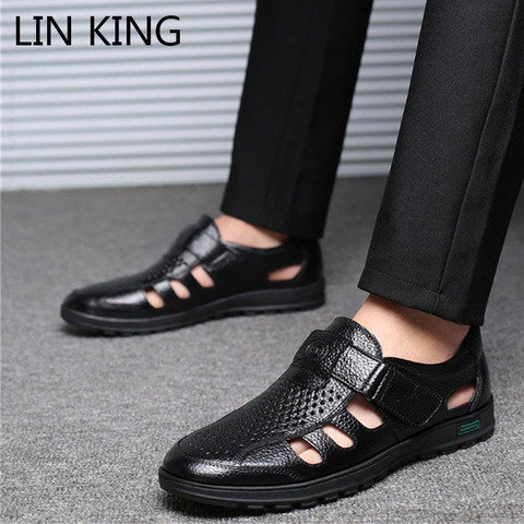 LIN KING-sandalias de piel auténtica para hombre, zapatos informales para exteriores, transpirables, para la playa, talla grande 48 ► Foto 1/6