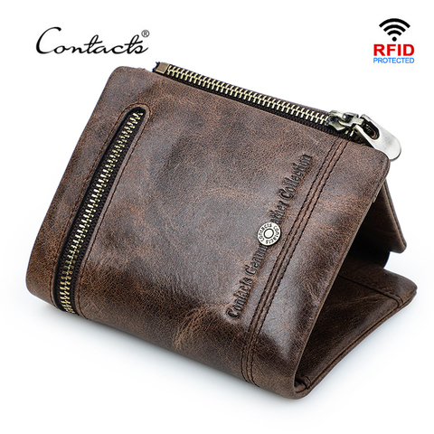 CONTACT'S-cartera informal de piel auténtica para hombre, billetera masculina corta con tarjetero, monedero con cremallera, Cartera de hombre de cuero de calidad Rfid ► Foto 1/6