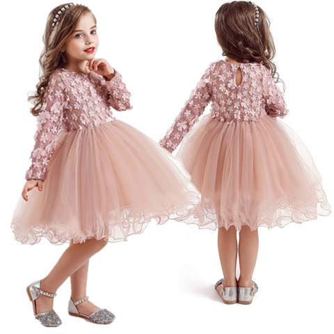 Vestido de princesa de encaje de flores para niñas pequeñas, vestidos de fiesta para niños, vestido con tutú de red, ropa informal de manga larga de otoño ► Foto 1/6