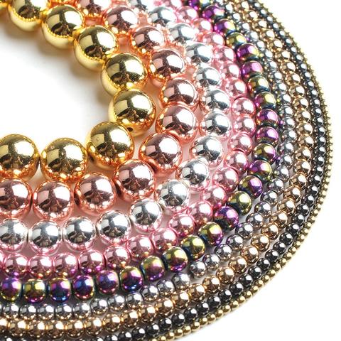 Cuentas redondas sueltas de alta calidad chapadas en plata, oro rosa, negro, Hematita Natural, para fabricación de joyería DIY, pulseras de 2-12mm 15