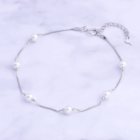 Pekurr-pulsera de cuentas de perlas de concha blanca para mujer, Plata de Ley 100% 925, 4,3mm, joyería para niños, brazaletes para mujer ► Foto 1/5