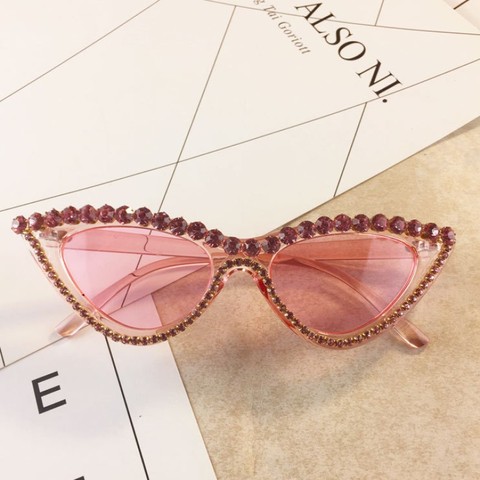 Gafas de sol de lujo con cristales y diamantes para mujer, anteojos de sol femeninos con montura en negro y rosa, gafas de sol tipo ojo de gato ostentosas ► Foto 1/6