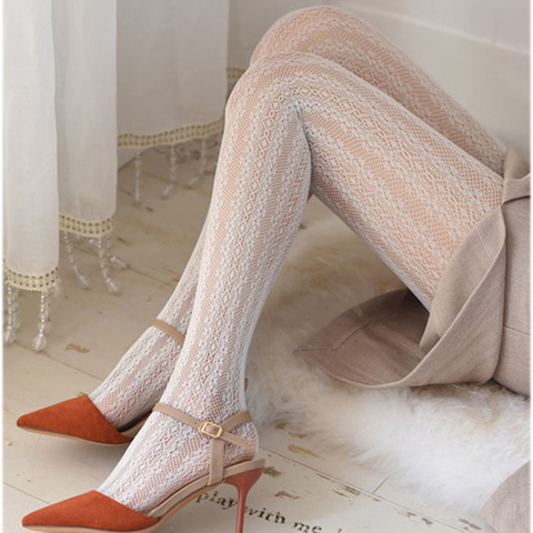Medias de estilo japonés para mujer, pantis de Lolita con encaje negro ahuecado, Flor Retro de rejilla, de seda blanca ► Foto 1/5
