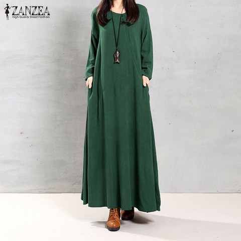 ZANZEA-Vestido largo informal de lino con botones para Primavera, traje de manga larga con botones para mujer, talla grande 5XL, 2022 ► Foto 1/6