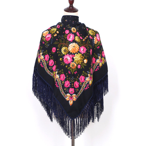 Bufanda cuadrada de talla grande para mujer, chal de algodón con estampado de flores, Retro, manta con flecos ► Foto 1/6