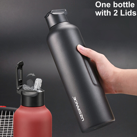 27oz 34oz Botella de agua de acero inoxidable con pajita para bebidas directas, 2 tapas, frasco al vacío, termo térmico portátil de viaje aislado, novedad ► Foto 1/6