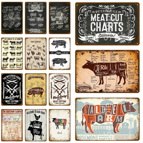 Póster de la guía del carnicero, carteles de Metal Vintage, gráficos cortados de carne, cuadro de Arte de cocina, imagen de restaurante, decoración de pared YL006 ► Foto 1/6