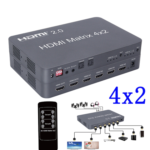 HDMI 2,0 matriz 4x2 Scaler 4K 60Hz HDMI Switch Splitter apoyo de la matriz de audio independiente por óptico o estéreo LPCM/Dolby/DTS ► Foto 1/6
