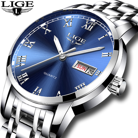 LIGE-reloj analógico de acero inoxidable para hombre, accesorio de pulsera de cuarzo resistente al agua con calendario, complemento deportivo masculino de marca de lujo con diseño dorado ► Foto 1/6