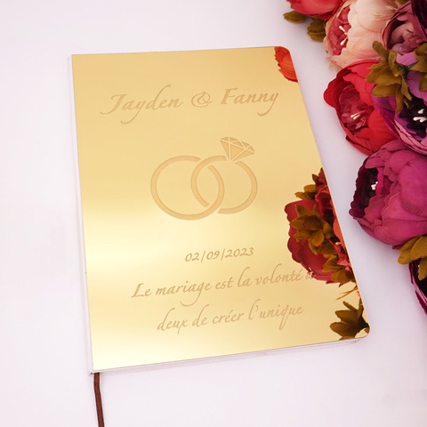 Espejo acrílico personalizado, libro de invitados de boda, anillos dobles, hoja en blanco, nombre personalizado, libro de visitas, suministros de decoración para fiesta ► Foto 1/6