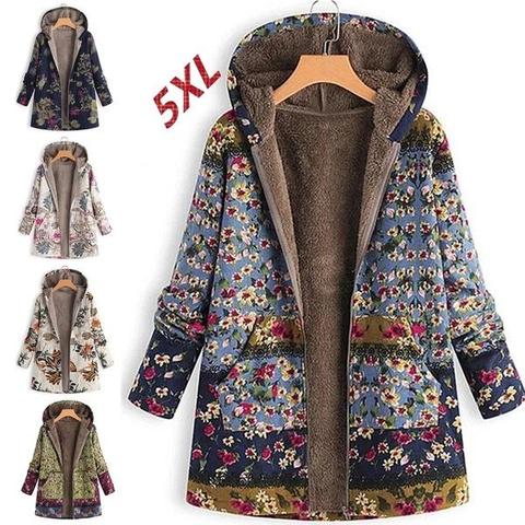 Chaqueta con estampado Floral de hojas para mujer, Parkas cálidas de oso de felpa esponjoso, cortavientos informal con cremallera, bolsillo con capucha, abrigos Vintage Plus ► Foto 1/6