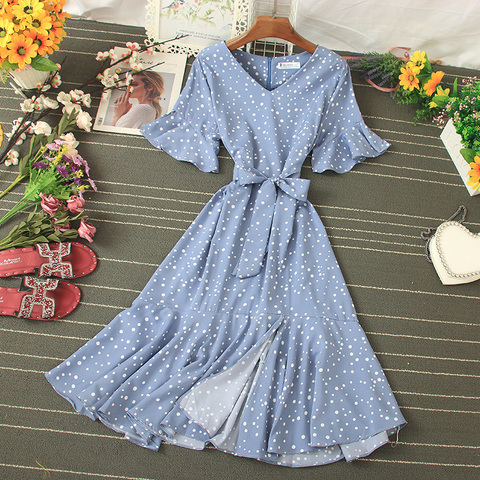 Verano de las mujeres/azul/verde/Rosa Polka Dot vestido 2022 de cintura alta Vintage vestido de Damas Vestidos Verano Casual cuello en V Vestidos ► Foto 1/6