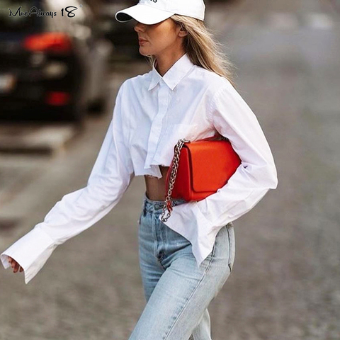 Mnealways18-Blusa de algodón de manga larga para Primavera, camisa recortada de color blanco para mujer, cuello vuelto, informal, con botones ► Foto 1/6